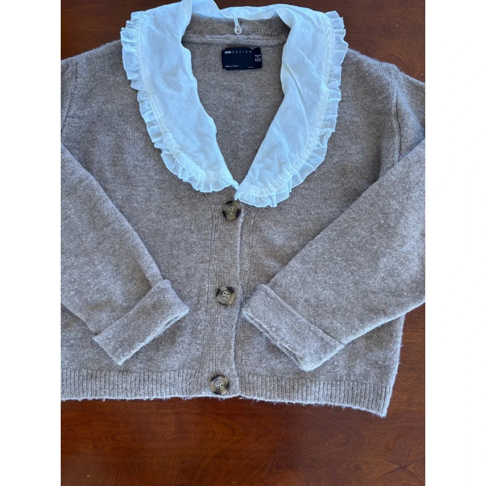 ASOS DESIGN Womens Brown Knit Cardigan Ruffle Collar‎ Sweater Oversized XS - Picture 6 of 15